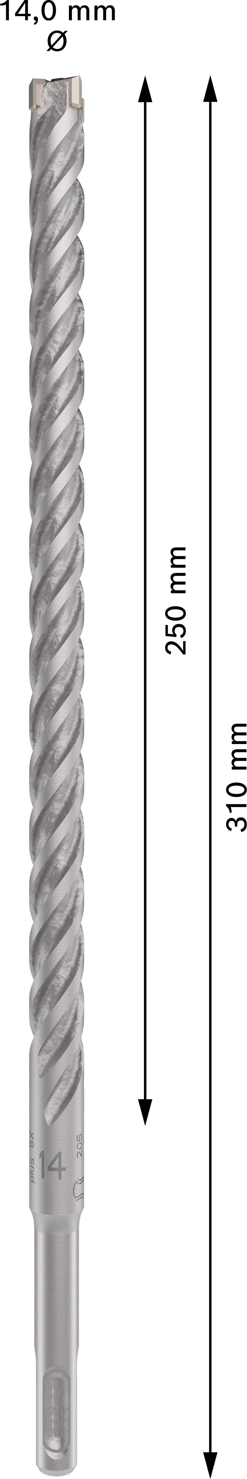 Punta da trapano con una lunghezza di 310 mm e un diametro di 14 mm, mostra la struttura a spirale per migliorare le prestazioni di foratura.