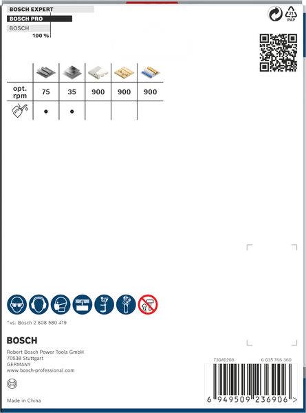 Confezione 'Bosch Expert' per accessori, mostra giri/min: 75, 35, 900, 900 per diversi materiali. Icone in basso spiegano le istruzioni per l'uso.