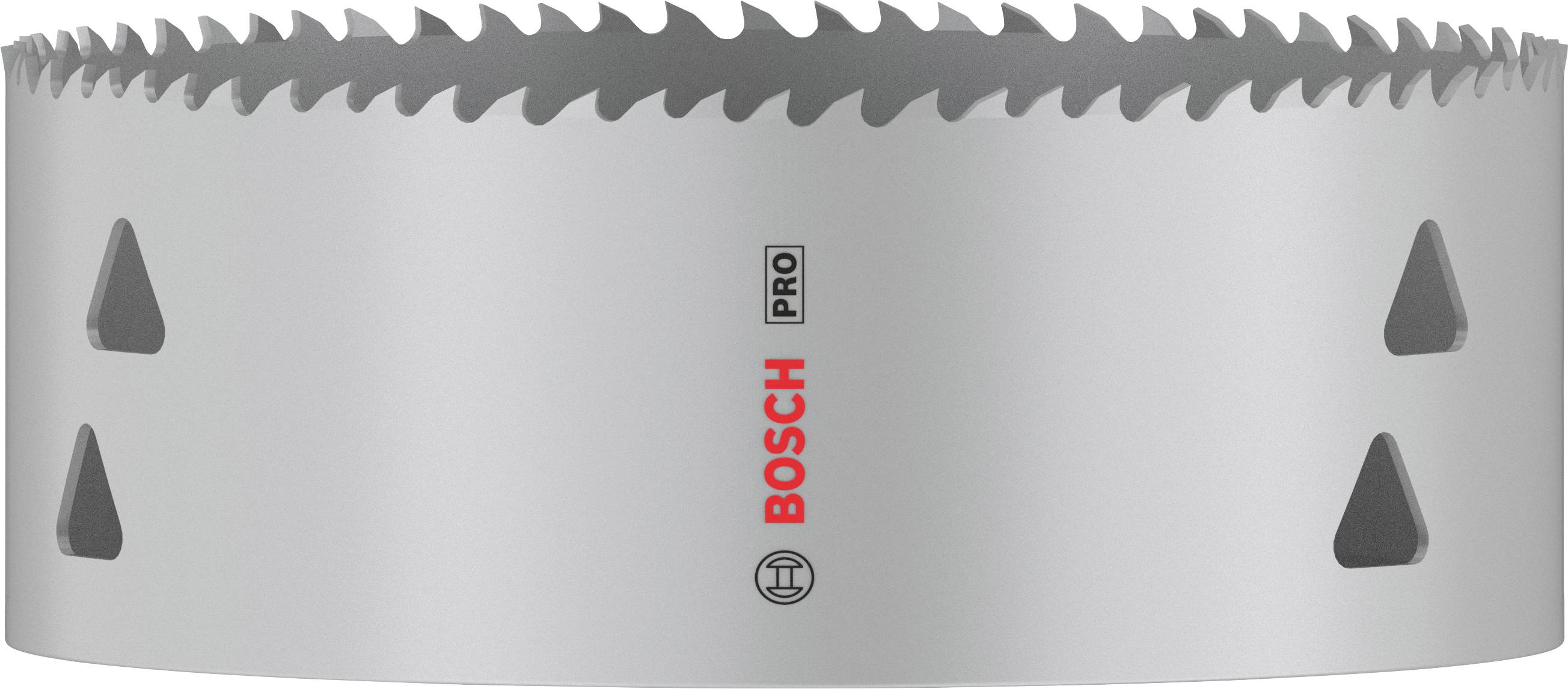 Corona per seghe Bosch con denti affilati e tre fori, adatta per forature professionali in diversi materiali.