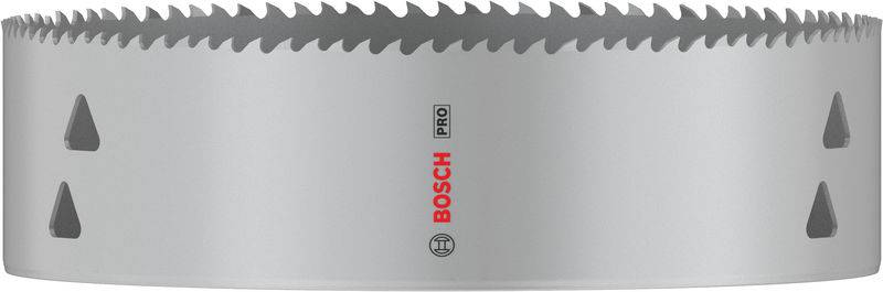 Una sega a tazza argentata con denti affilati, marchio in rosso 'BOSCH'. Progettata per forare con precisione diversi materiali.