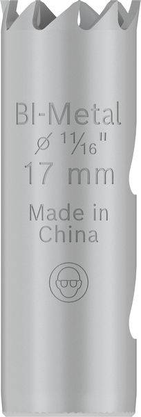 Corona di trapano in metallo bimetallico con diametro di 17 mm. Testo inciso: 'Bi-Metal, Ø 11/16", 17 mm, Made in China'.