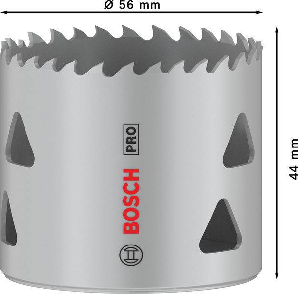 Corona di sega con diametro di 56 mm e altezza di 44 mm. Metallo grigio argento con fori laterali, nome del marchio 'BOSCH PRO' sulla superficie.
