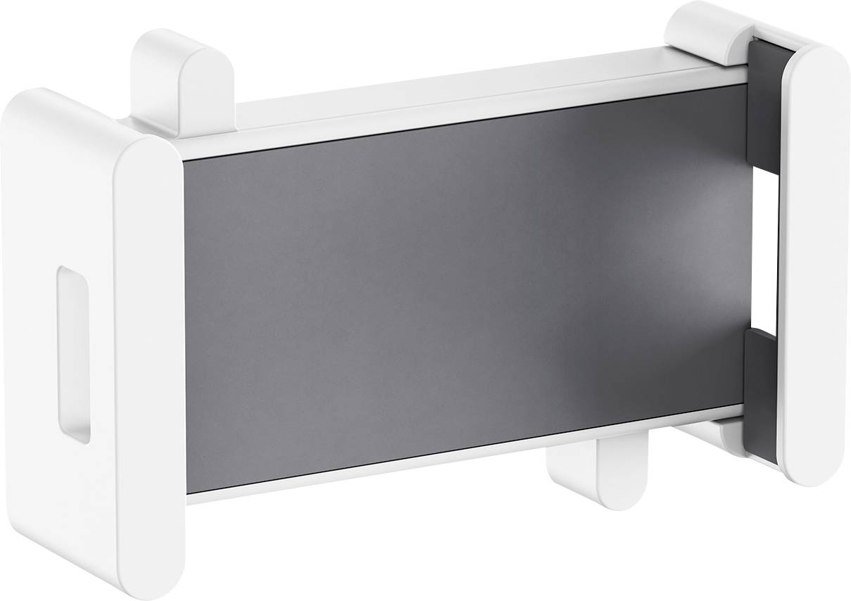 Un supporto per smartphone bianco con braccetti regolabili. Adatto per il posizionamento orizzontale di uno smartphone.