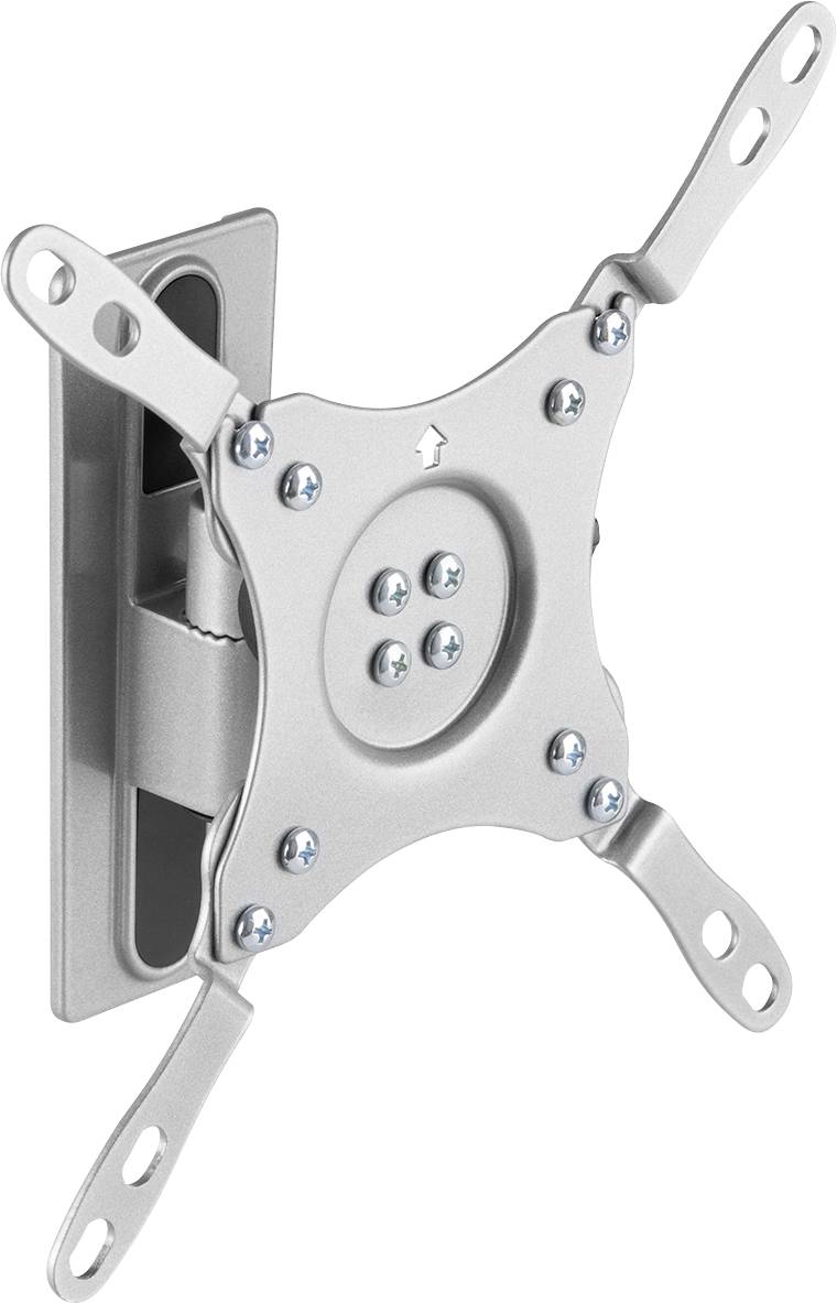 Supporto da parete metallico per TV o monitor con bracci regolabili e viti per il fissaggio a muro.