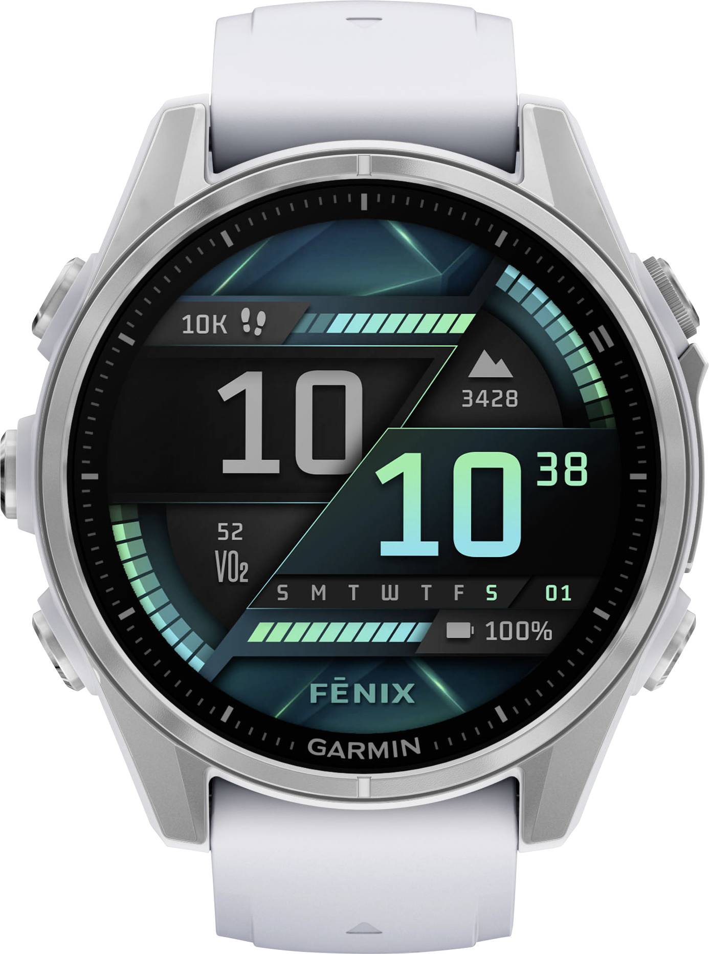 Un orologio intelligente con cinturino bianco mostra l'ora (10:38), la data (lunedì), i passi (10.000), VO2-Max (52) e i metri di altitudine (3428).