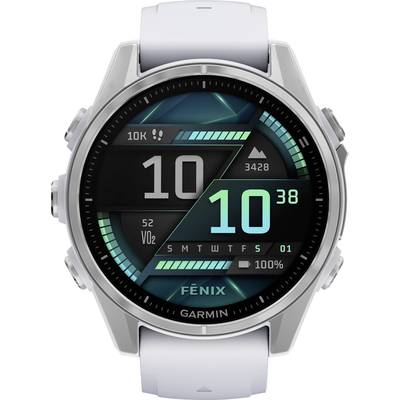 Un orologio intelligente con cinturino bianco mostra l'ora (10:38), la data (lunedì), i passi (10.000), VO2-Max (52) e i metri di altitudine (3428).