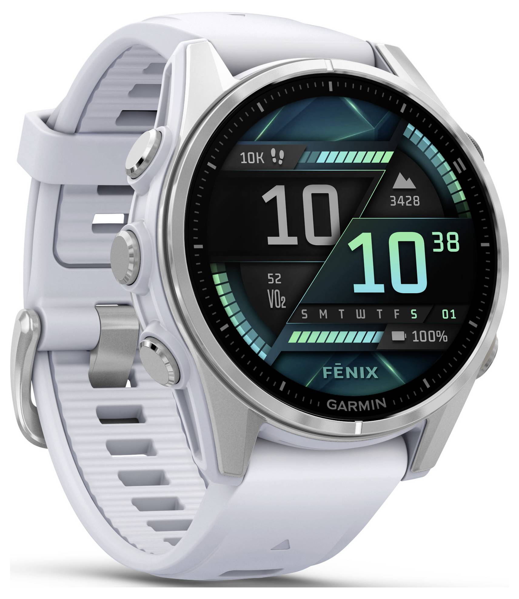 Smartwatch argentata con display rotondo, mostra dati fitness come passi, frequenza cardiaca e ora. Ora: 10:38. Marca: Garmin.