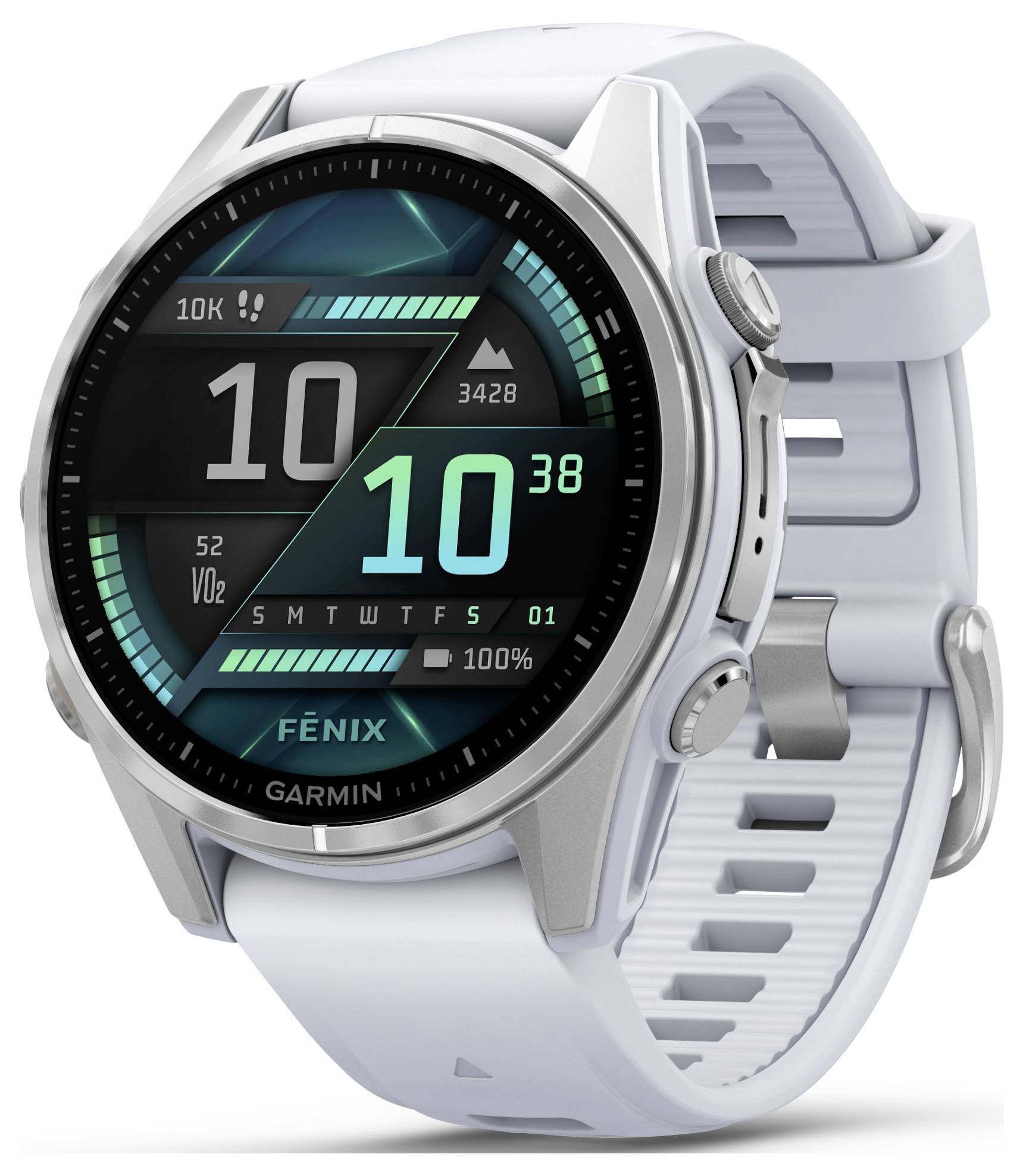 Un orologio sportivo intelligente grigio con touchscreen. Mostra passi, VO2, data e ora. Nome del marchio visibile sul bordo inferiore del dispositivo.