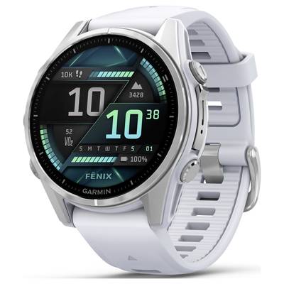 Un orologio sportivo intelligente grigio con touchscreen. Mostra passi, VO2, data e ora. Nome del marchio visibile sul bordo inferiore del dispositivo.