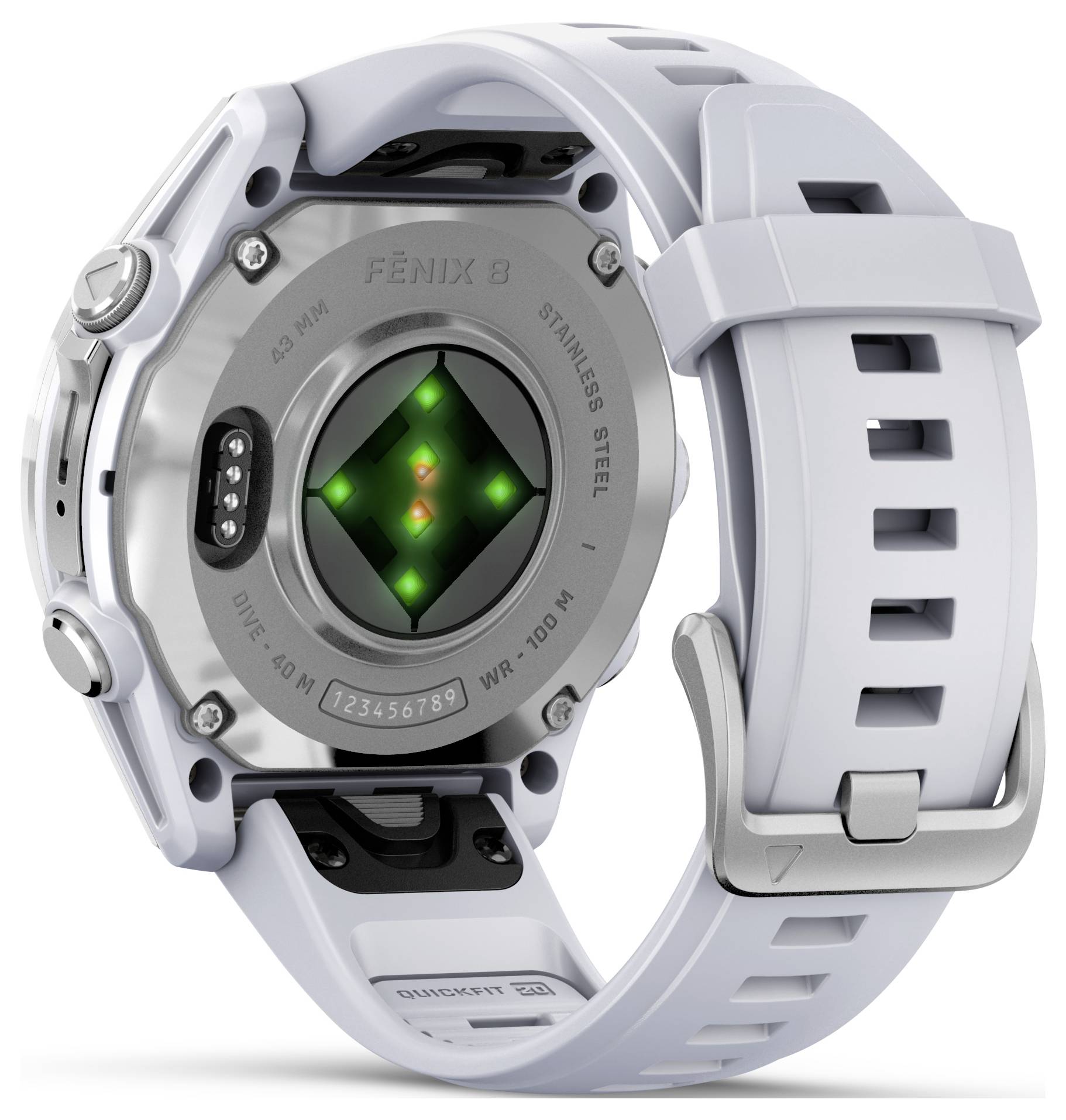 Smartwatch bianca e robusta con retro argentato e sensori verdi, dotata di cinturino bianco e fibbia in metallo.