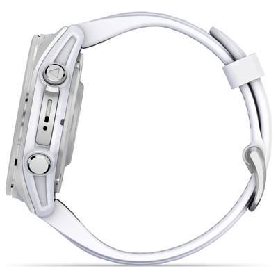 Un orologio da polso in argento con cinturino bianco, vista laterale. Mostra i dettagli dei pulsanti e della forma della cassa.