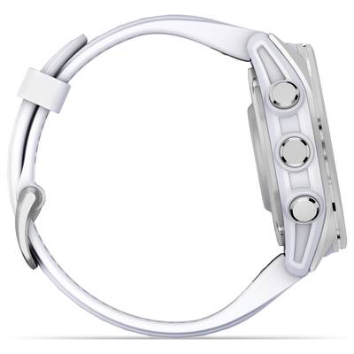 Un smartwatch bianco visto di lato, che mostra il quadrante e i pulsanti laterali. Design minimalista con un cinturino sottile.