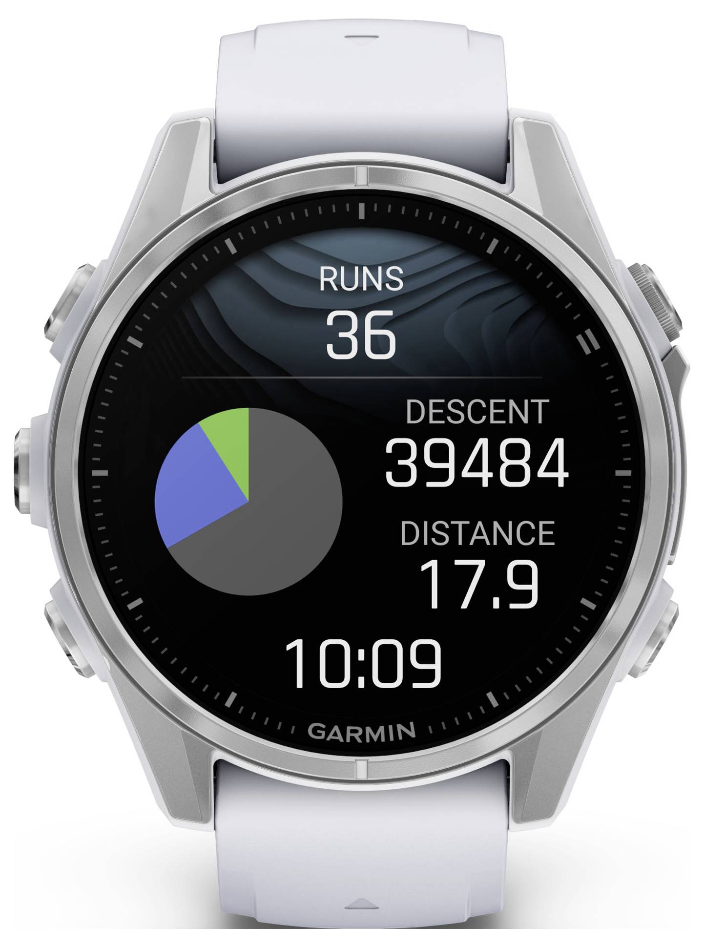 Un orologio sportivo digitale mostra: 36 corse, discesa 39.484, distanza 17,9. Un grafico a torta è ugualmente visibile. Ora: 10:09.