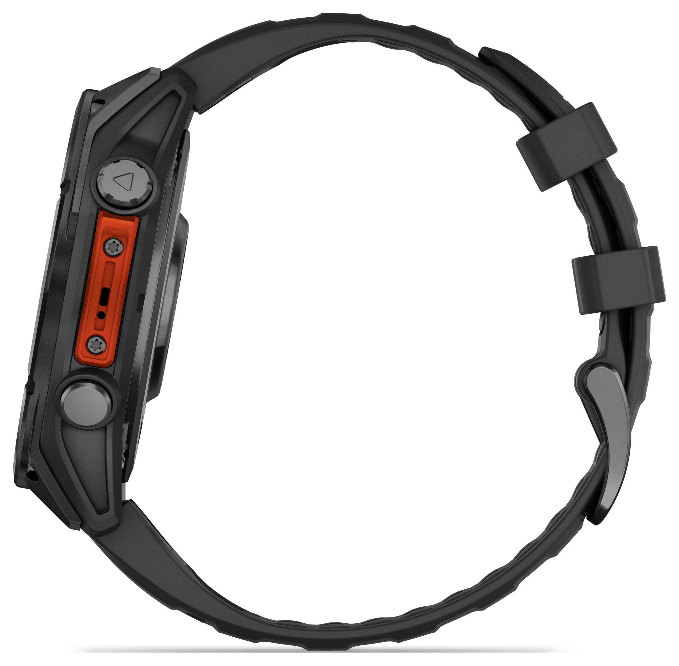 Orologio da polso nero con accento rosso sul lato, cinturino in silicone scuro e due pulsanti laterali, visto di profilo.