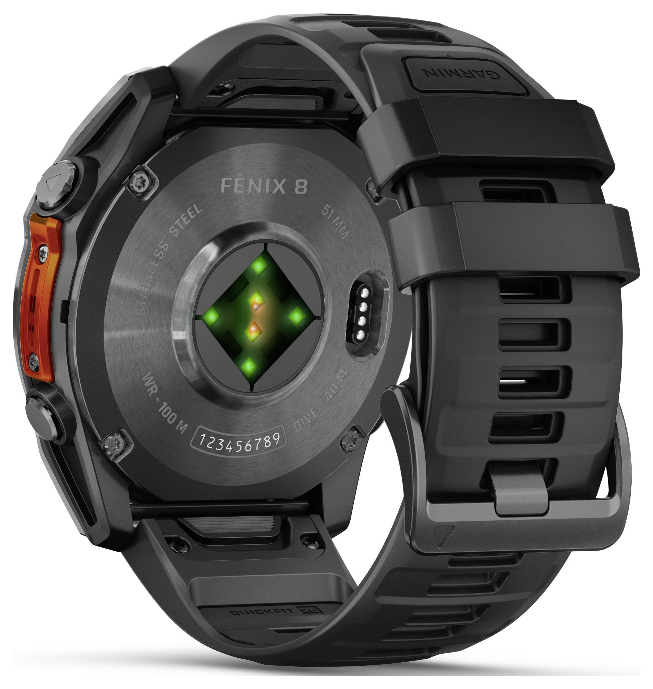 Orologio da polso nero con cassa in acciaio, il retro mostra sensori e modello 'Fenix 8'. Cinturino e custodia rigida visibili.