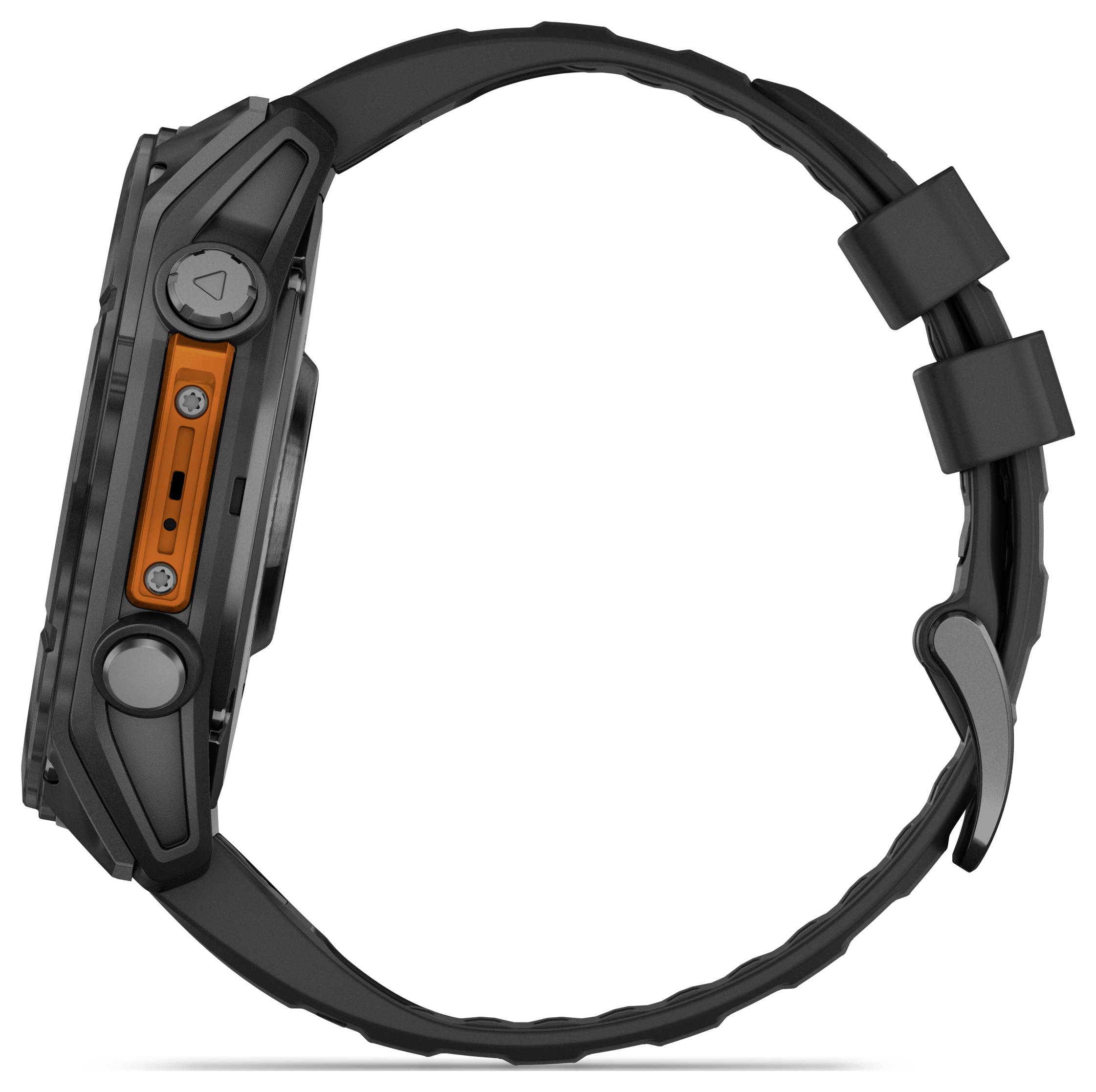 Orologio da polso nero con un accento arancione laterale e due bottoni visibili, con un focus sul design robusto.