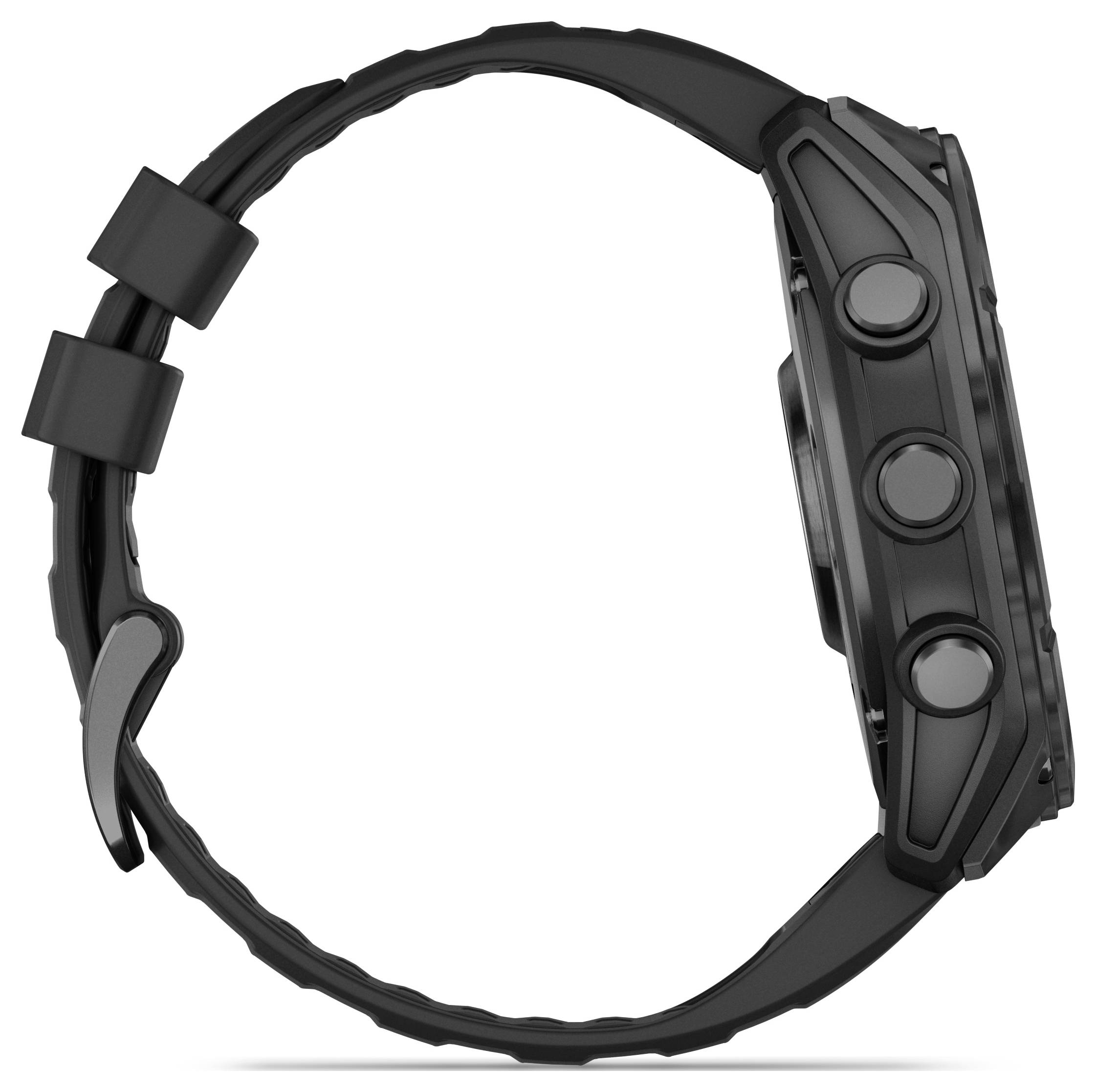Un orologio sportivo nero con tre pulsanti laterali e un cinturino robusto, visto di lato.