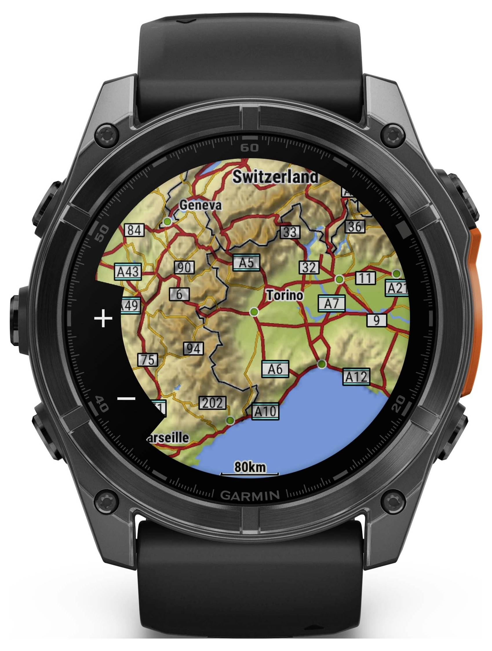 Orologio digitale con una mappa dettagliata intorno a Torino, Italia. Strade, città come 'Ginevra' e 'Marsiglia', e curve di livello sono visibili.
