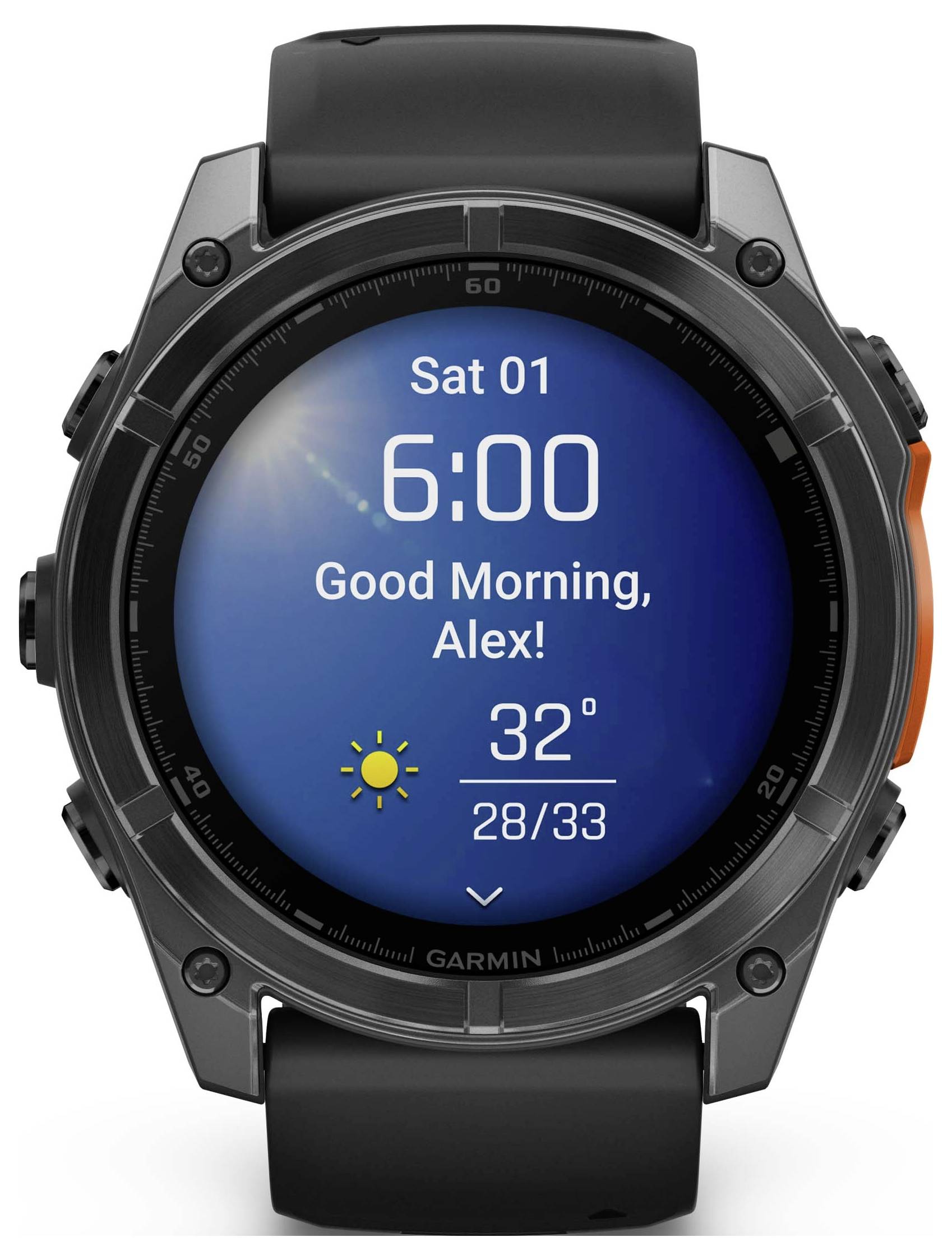 Un smartwatch nero mostra 'Sabato 01', 6:00, 'Buongiorno, Alex!', Temperatura: 32 gradi, Previsione: soleggiato.