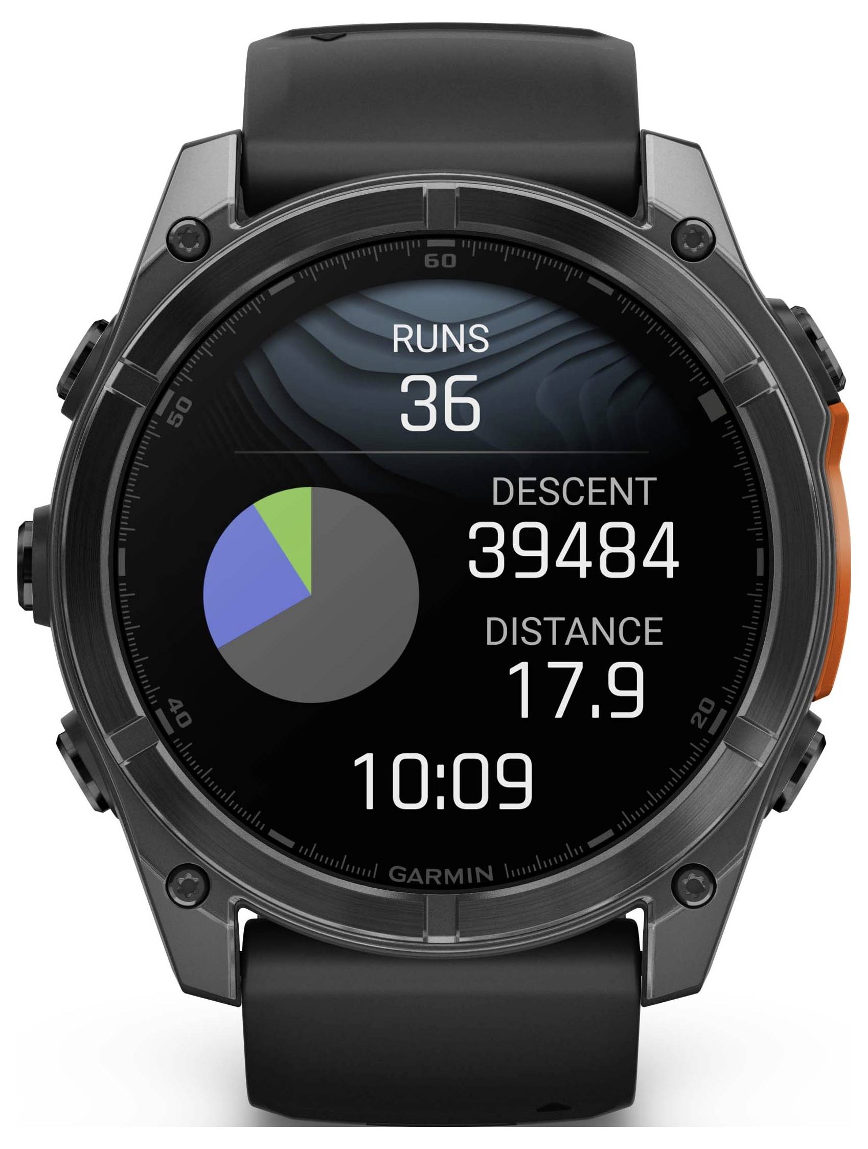 Smartwatch mostra statistiche: 36 corse, dislivello 39.484, distanza 17,9, ora 10:09. Grafico a torta a destra. Custodia nera, dettaglio arancione.