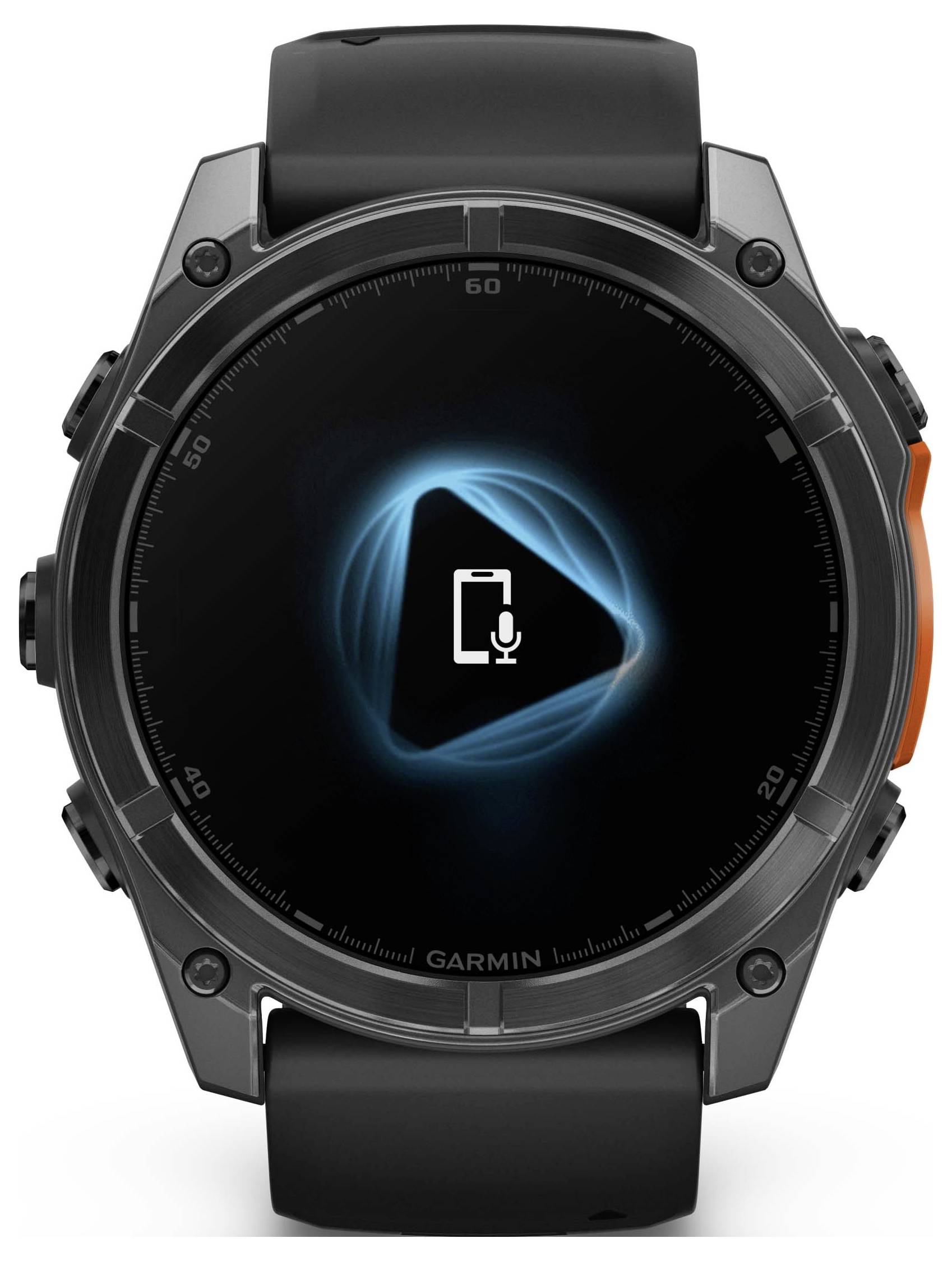Un smartwatch nero con un simbolo blu e luminoso di uno smartphone e un'icona del microfono sul display.