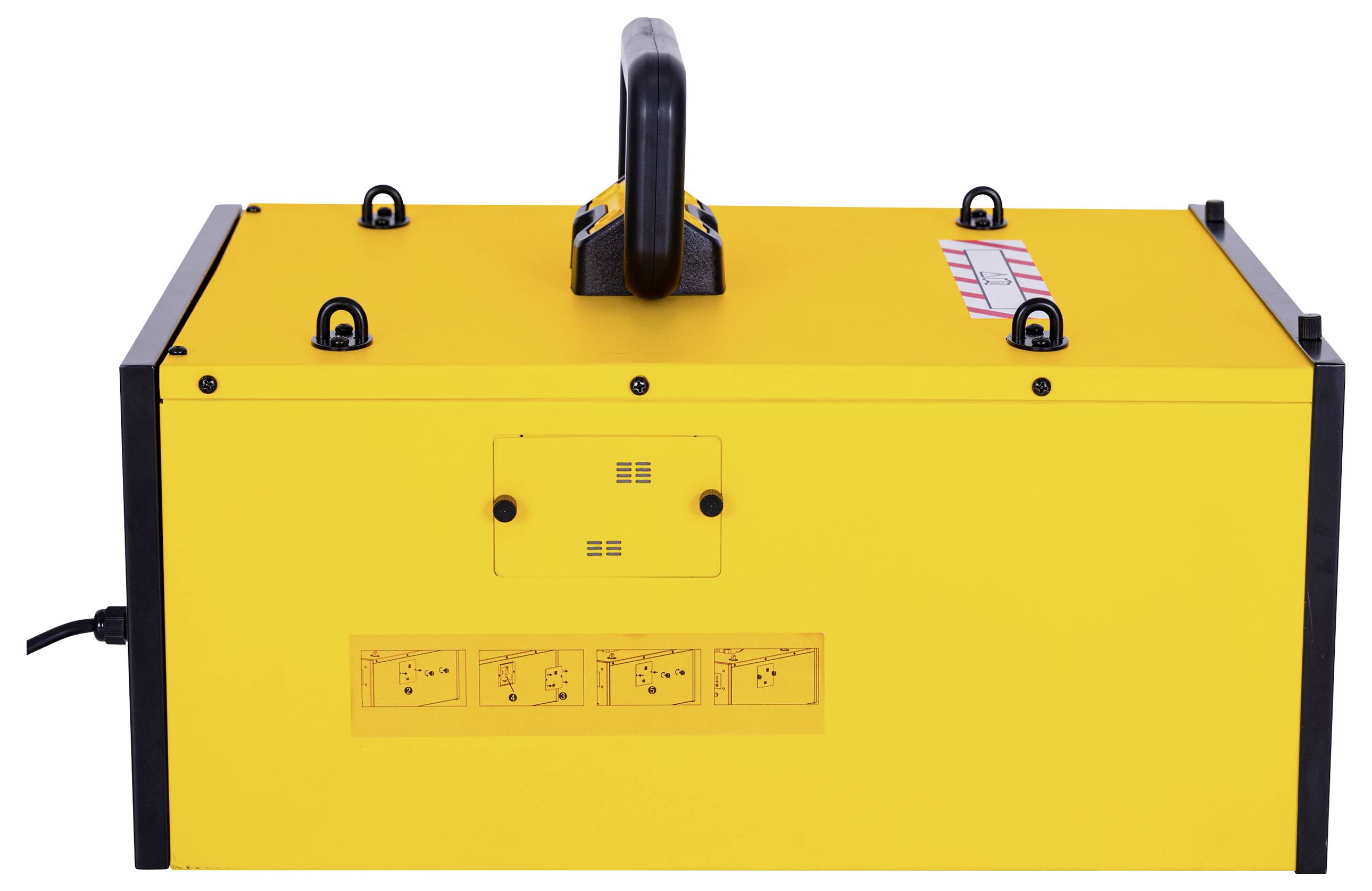 Dispositivo elettrico giallo con manico nero e adesivi che mostrano istruzioni o simboli. Connessione del cavo sul lato sinistro.