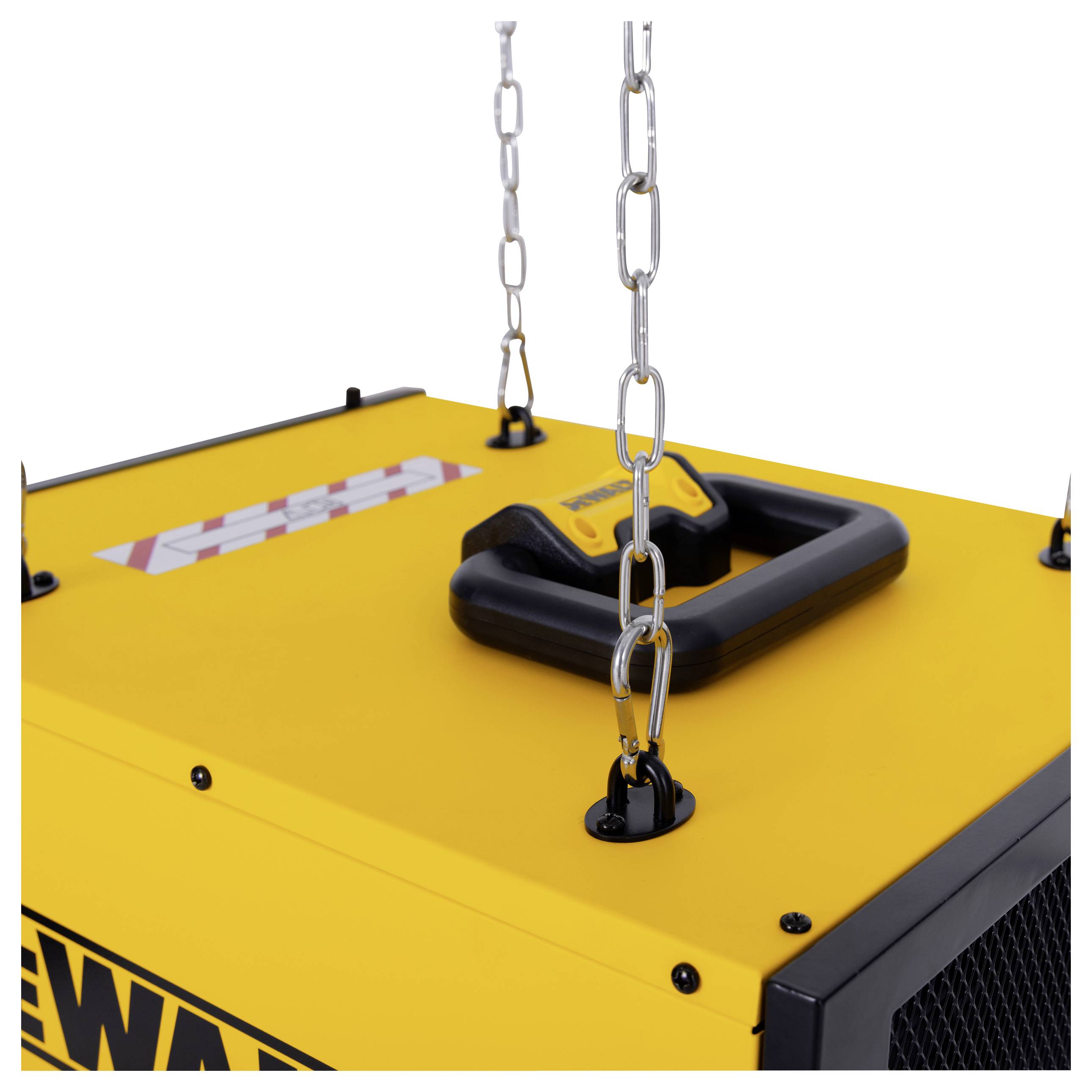 Ventilatore portatile giallo da cantiere con manico e catene di fissaggio, posizionato sul pavimento.