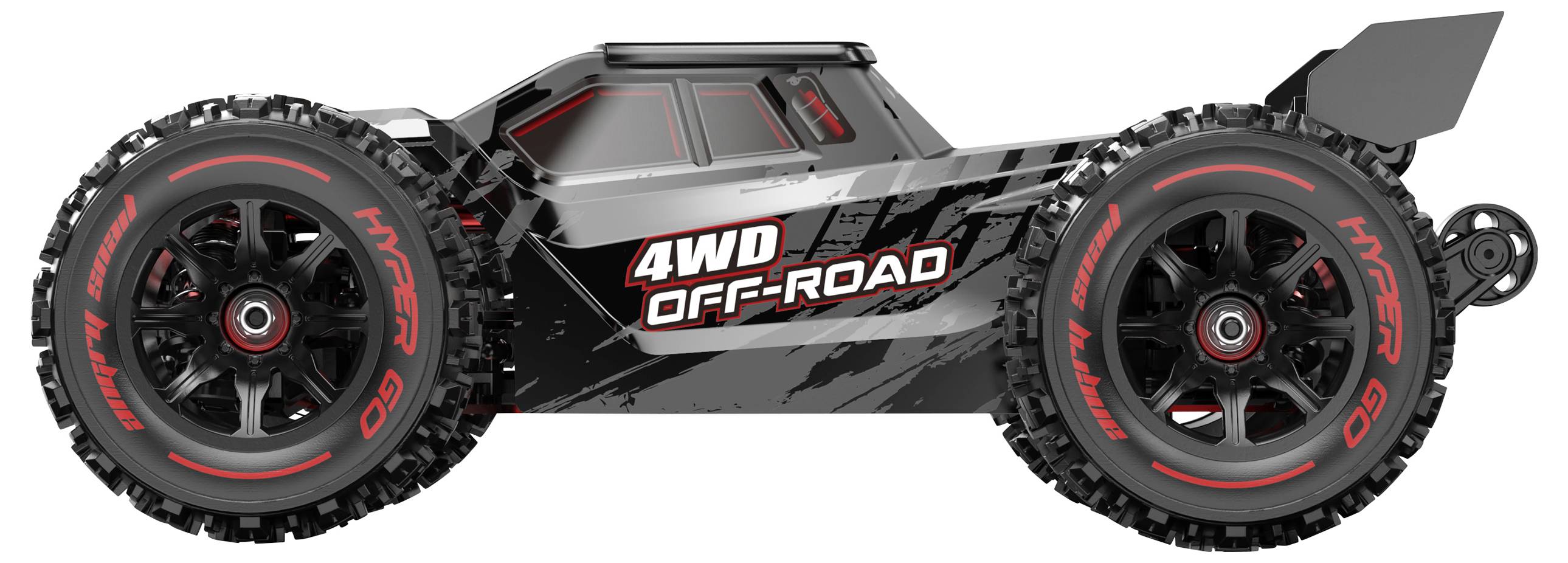 Un veicolo fuoristrada 4x4 radiocomandato con grandi pneumatici, design nero-grigio e la scritta '4WD OFF-ROAD' sul lato.