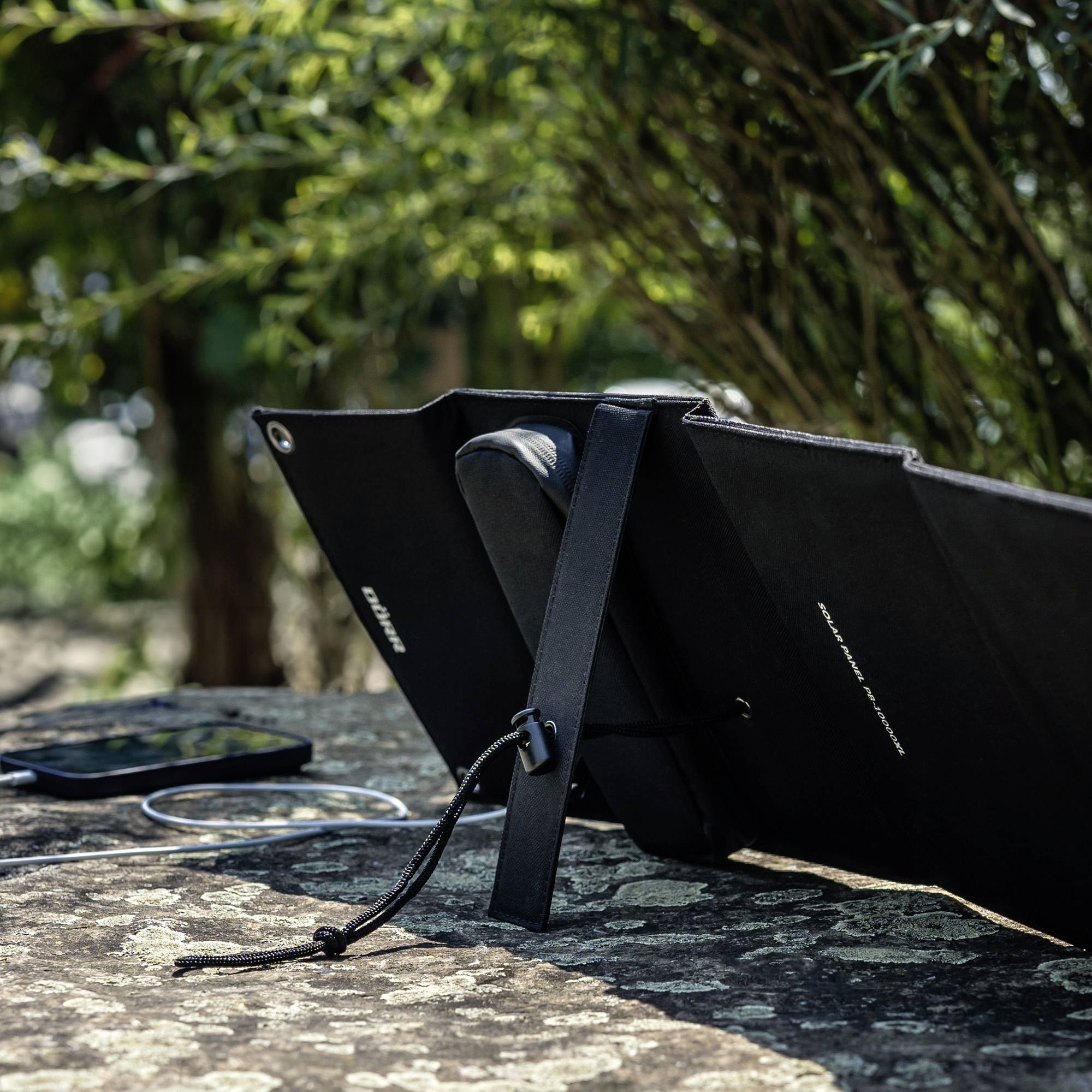 Un caricabatterie solare su una pietra sta caricando uno smartphone. Sullo sfondo sono visibili alberi e piante verdi.