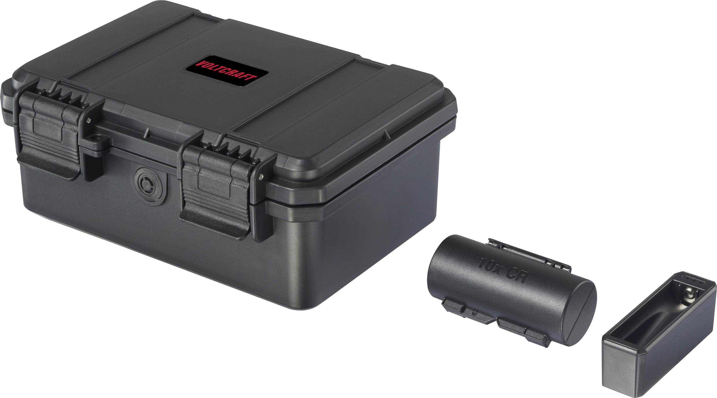 Valigetta degli attrezzi nera con chiusure di sicurezza, vano batteria estraibile e caricabatterie su sfondo bianco.