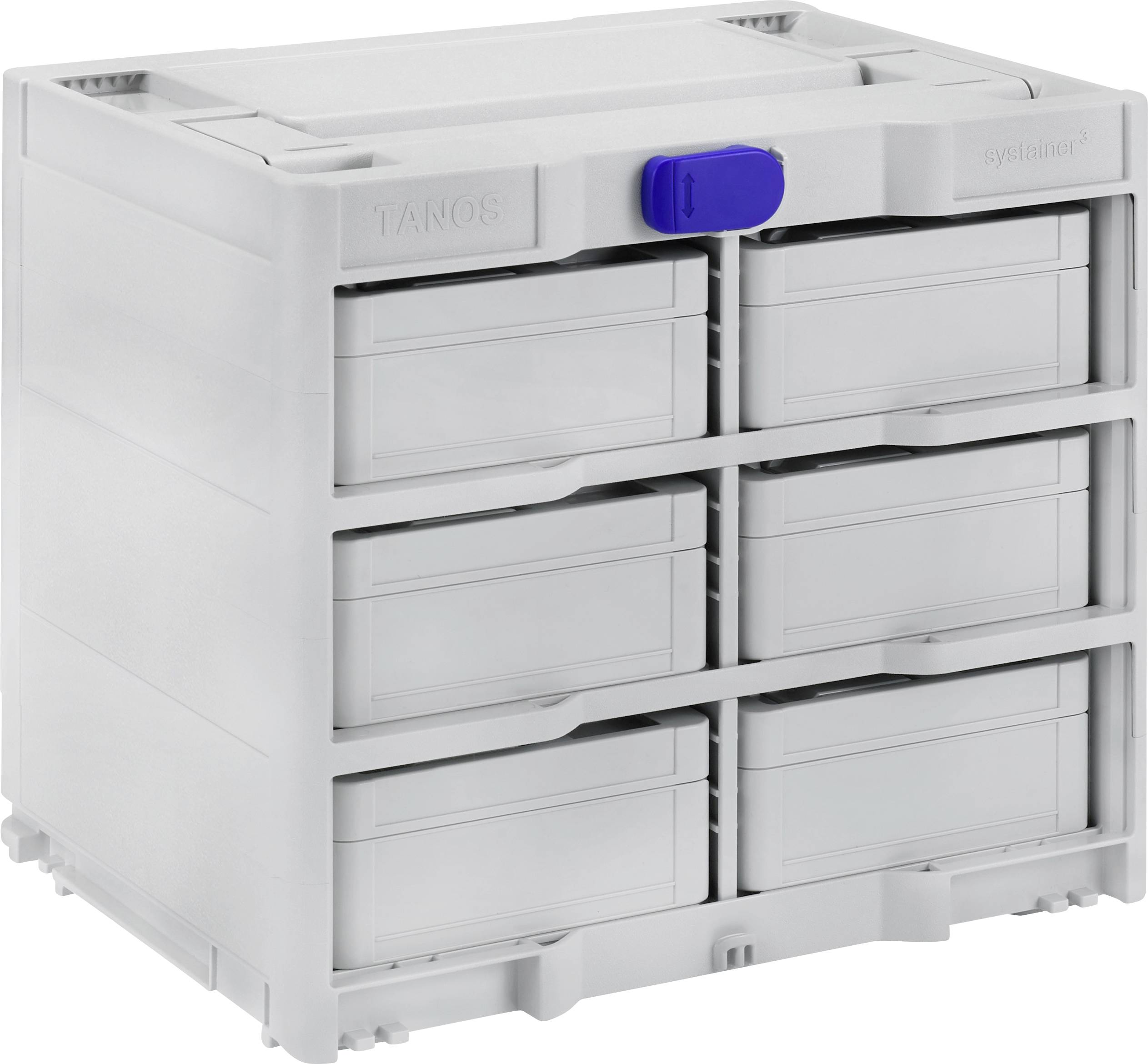 Armadietto grigio modulare con sei cassetti e una maniglia di chiusura blu posizionata centralmente nella parte superiore.