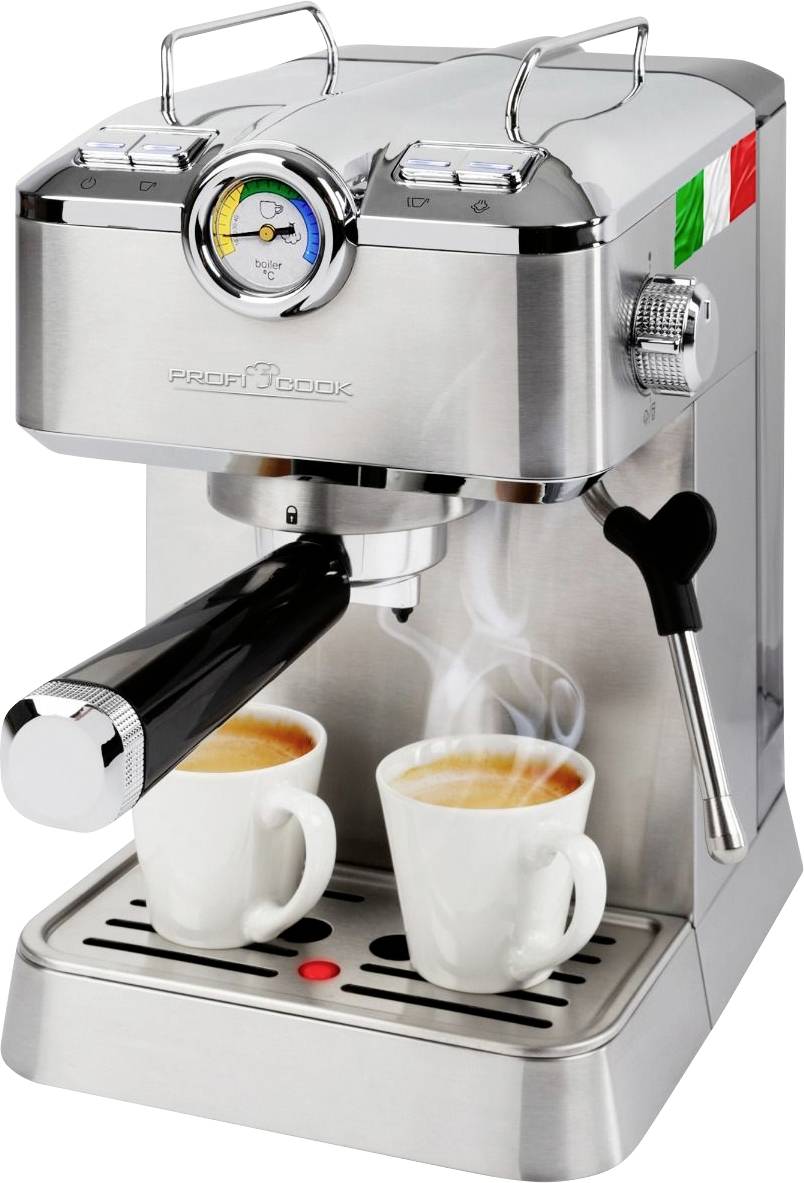 Macchina per espresso in argento con manometro, due tazze bianche sul vassoio di gocciolamento. Caffè fresco, vapore che si innalza.