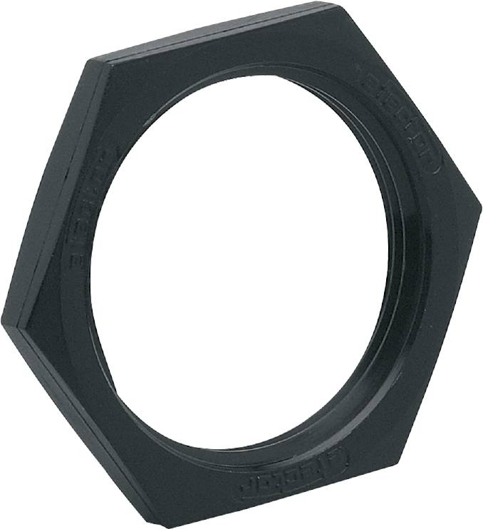 Dado nero esagonale in plastica, privo di filettatura interna, generalmente utilizzato per fissare viti su una superficie.