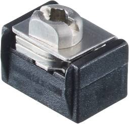 Interruttore nero in plastica con piastra metallica argentata in alto, per dispositivi elettronici.