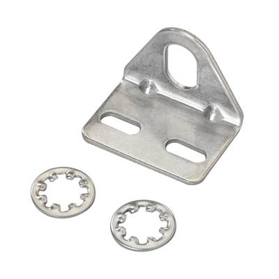 Supporto metallico con due fessure ovali, accanto due dischi dentati circolari, su sfondo nero.