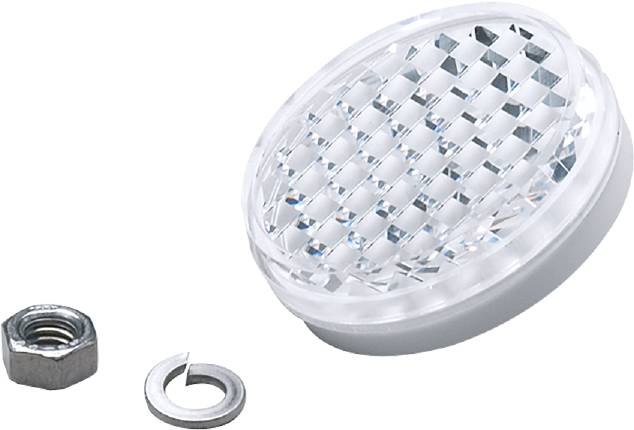 Oggetto plastico rotondo con superficie simile a un diamante, accanto a un piccolo anello metallico. Presumibilmente un riflettore luminoso o un elemento decorativo.
