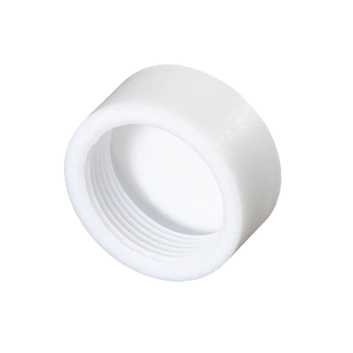 Un tappo a vite cilindrico bianco su uno sfondo nero.