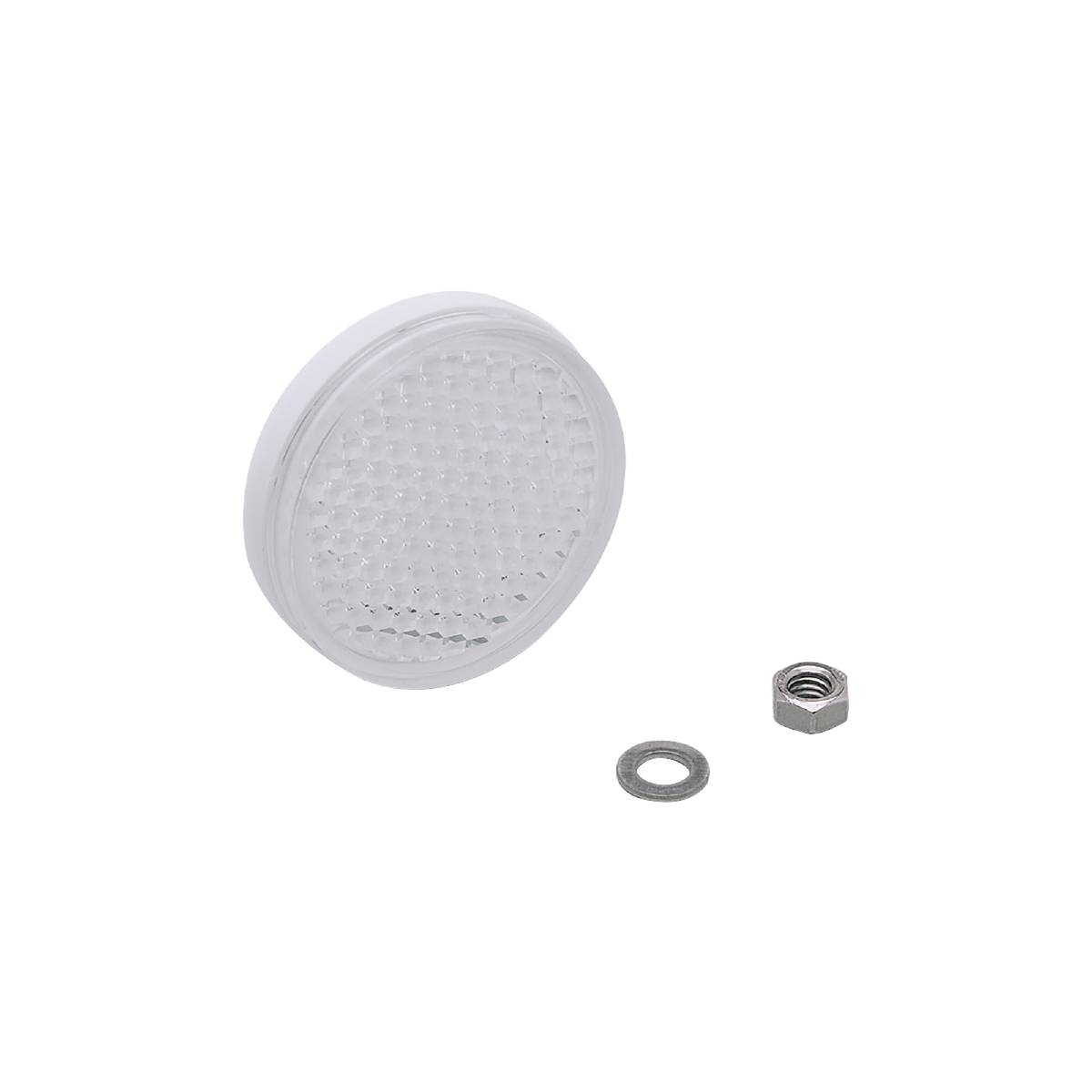 Parte rotonda di plastica trasparente accanto a un dado e a una rondella su sfondo nero.