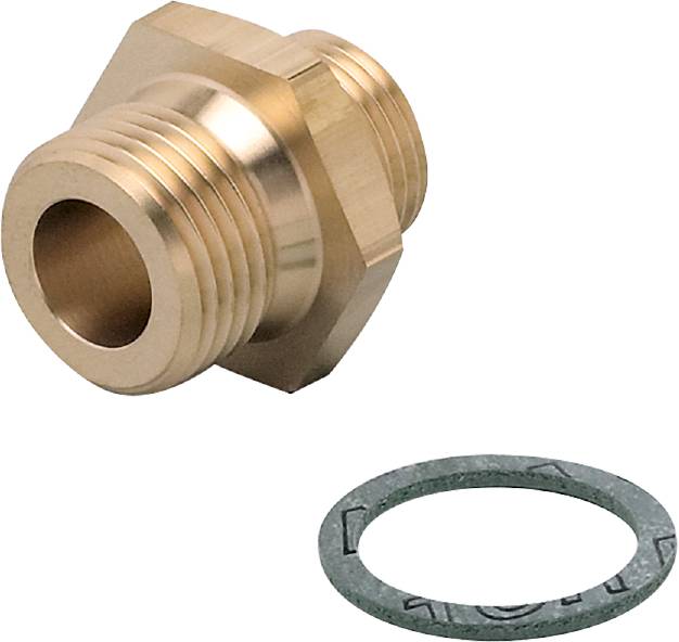 Adattatore in ottone con filettatura maschio accanto a una guarnizione piana. Adatto per connessioni tubiere in impianti idraulici o di riscaldamento.