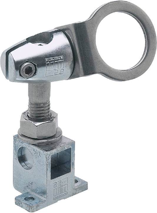 Un gruppo di gancio metallico con vite e superficie quadrata, probabilmente per scopi di fissaggio o supporto in applicazioni meccaniche.
