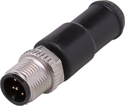 Connettore M12 con custodia nera e filettatura metallica, idoneo per applicazioni industriali e connessioni di sensori.