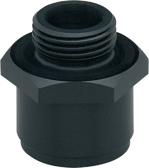 Filettatura in plastica nera, visibile superiormente, con flangia esagonale. Utilizzata per il fissaggio o il collegamento di tubi in impianti.
