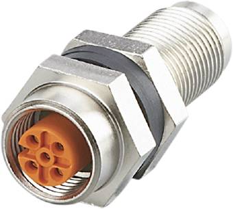Un connettore cilindrico in metallo con interno arancione e diversi attacchi rotondi. Adatto per connessioni industriali.