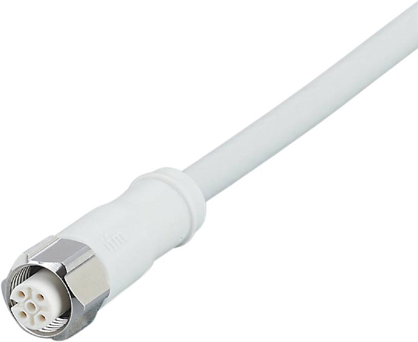 Un cavo coassiale bianco con un connettore F argentato è mostrato in primo piano.