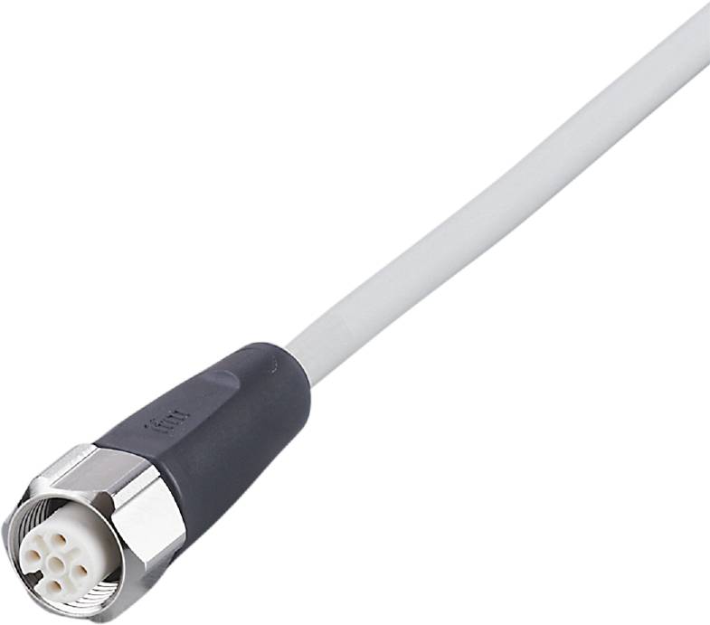Un connettore M12 con un attacco a 8 pin, fissato a un cavo bianco, su uno sfondo bianco.