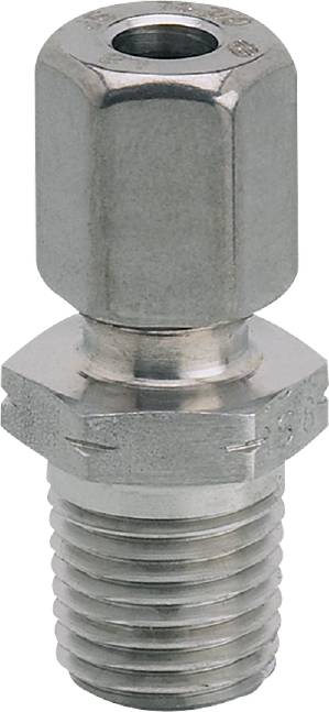 Raccordo metallico con dado esagonale, probabilmente per connessioni idrauliche o industriali. Superficie argentata e lucente.