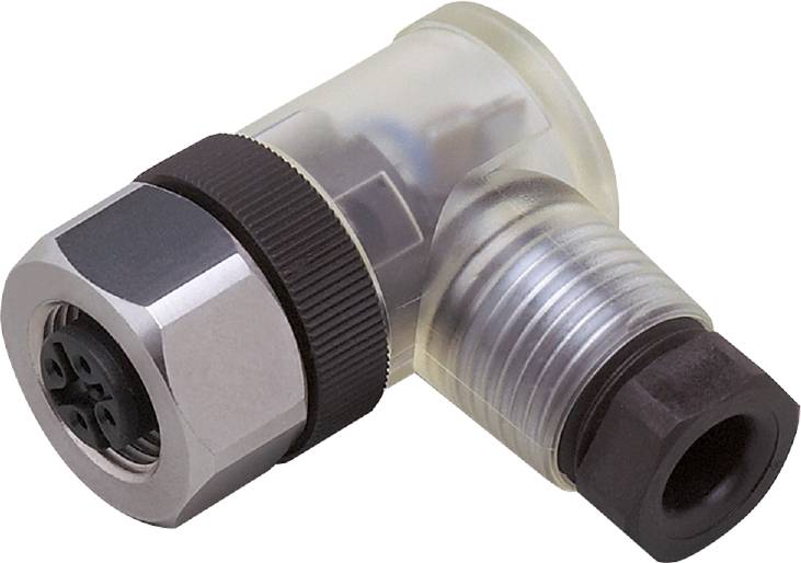 Elemento tubolare metallico a L con filettatura e componente in plastica, probabilmente adatto per connessioni idrauliche o meccaniche.