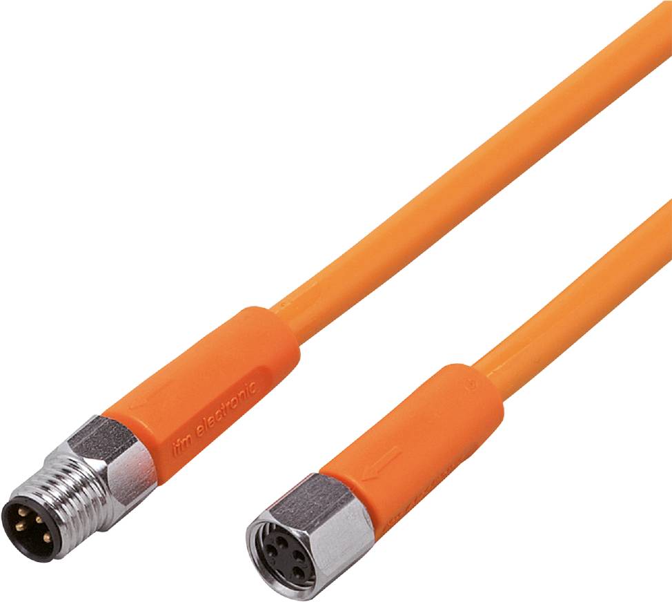 Un cavo arancione con connettori metallici su entrambe le estremità, utilizzato per connessioni industriali o elettroniche.