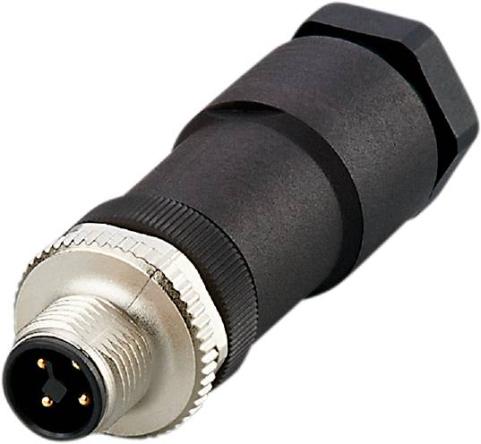 Un connettore nero multipolare con filettatura metallica. Adatto per applicazioni industriali e connessioni robuste.