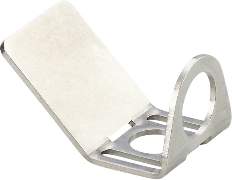 Supporto ad angolo in metallo con apertura circolare per il fissaggio su superfici. Adatto per allestimento di scaffali o mobili.